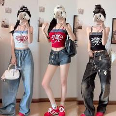 6138#辣妹牛仔拼接字母印花吊带背心夏修身显瘦外穿无袖短款上衣