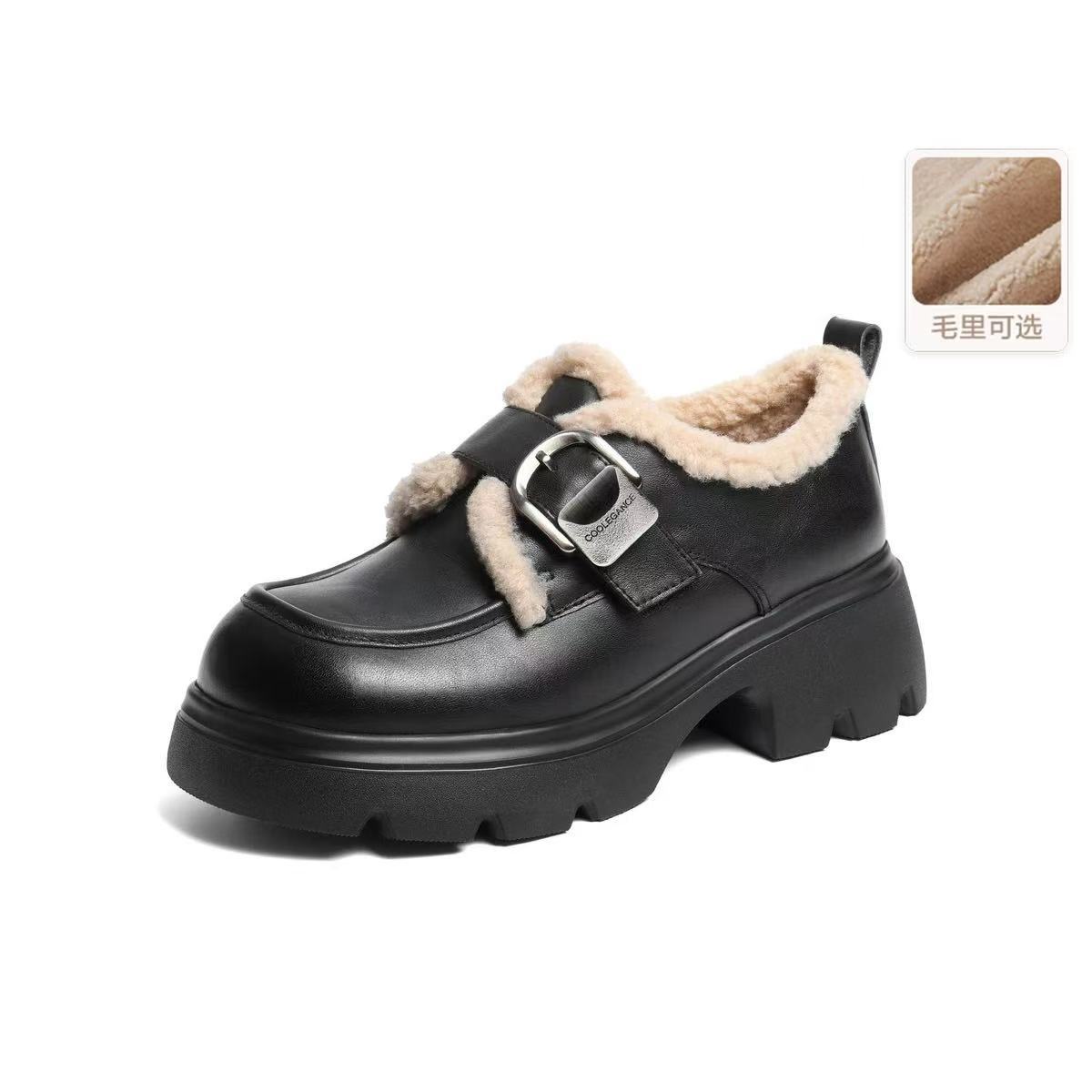 mingxing同款真毛加绒加厚厚底增高加绒乐福鞋#E1Z1D