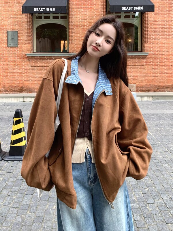 秋季复古美式学院风格子拼接麂皮绒外套女2025新款休闲棒球服夹克|undefined