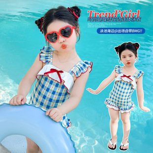 Girls Bow Blue and White Plaid Swimsuit 2025 Summer New Fashion Little Girls Jumpsuit Swimsuit for Children and Middle-Aged Children