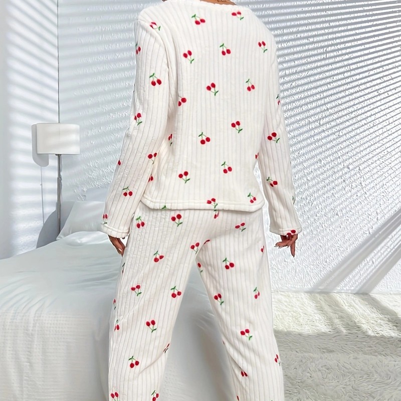 欧美外贸新品跨珊瑚毛绒睡衣女秋冬季印花加绒保暖圆领家居服套装|undefined