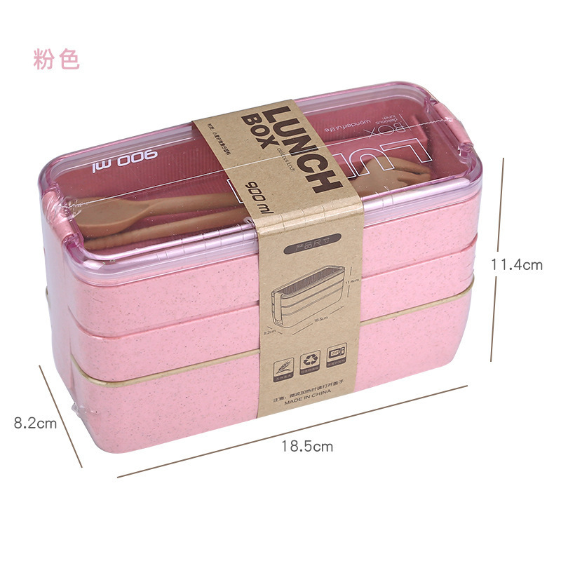Japanese-style Microwave-heatable Lunch Box, Wheat Straw Three-layer Plastic Lunch Box, Multi-layer Children's Student Lunch Box