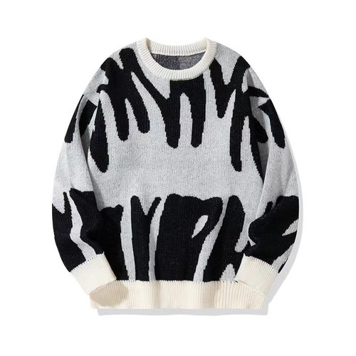 Men's Autumn/Winter Trend Personalized Pique Crew Neck Knit Sweater for Youth Black and White Pique Oversized Knit Cardigan