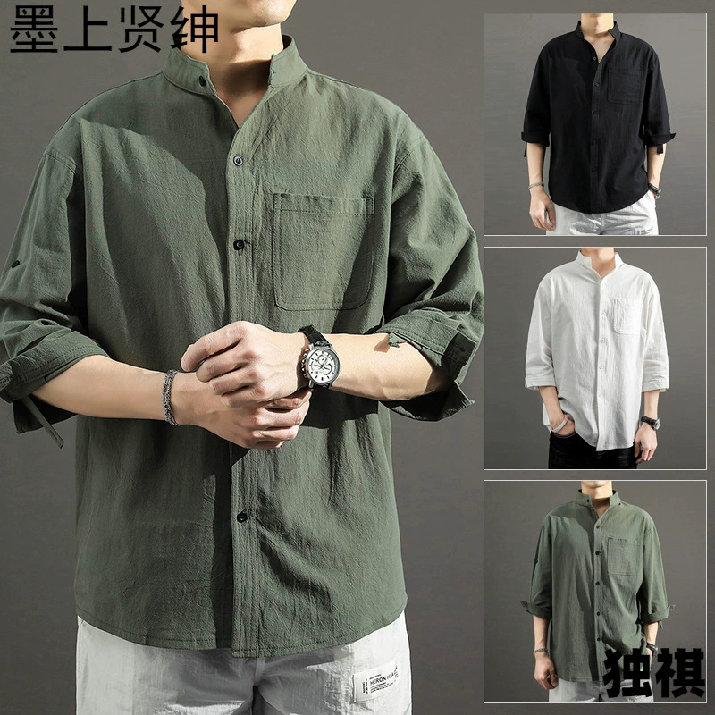 2023 летние хлопковые и льняные рубашки с семью рукавами для мужчин с тонким рукавом