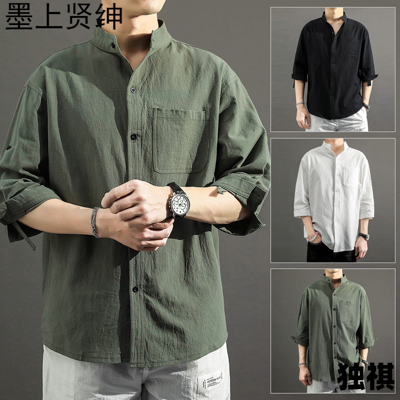 2023 summer cotton and linen shirt seven-sleeve men's thin Japanese factory wholesale loose European size stand collar men's shirt