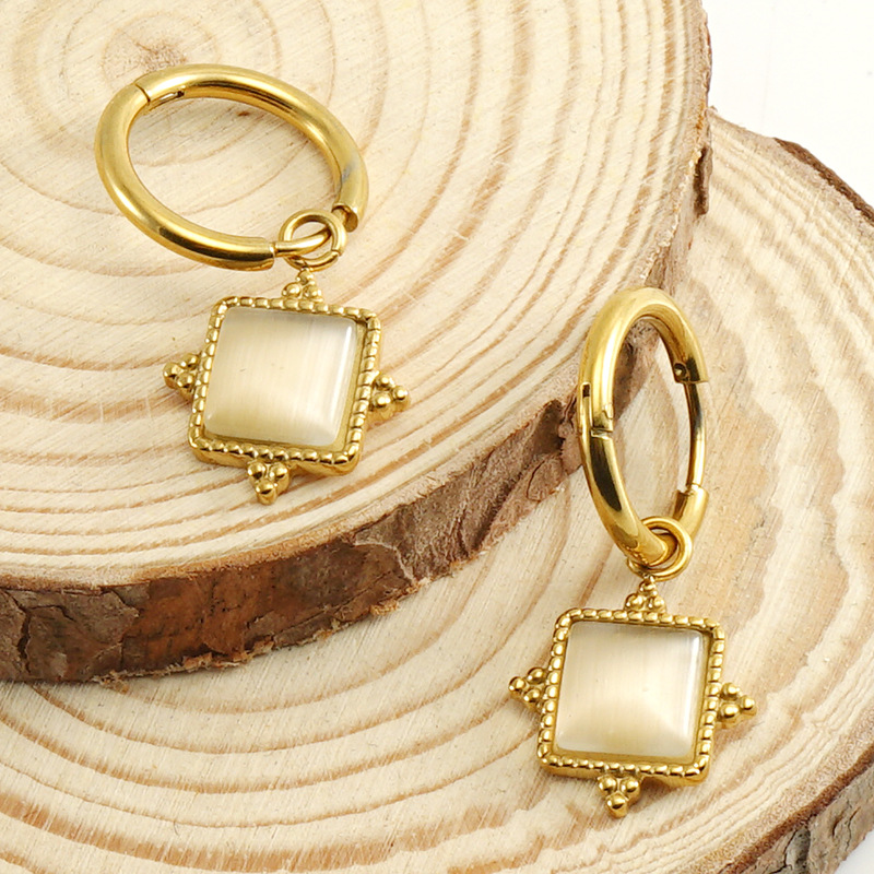 9g Weight 1 Pair Simple Style Square Plating Inlay Stainless Steel Cat's Eye Stone Drop Earrings