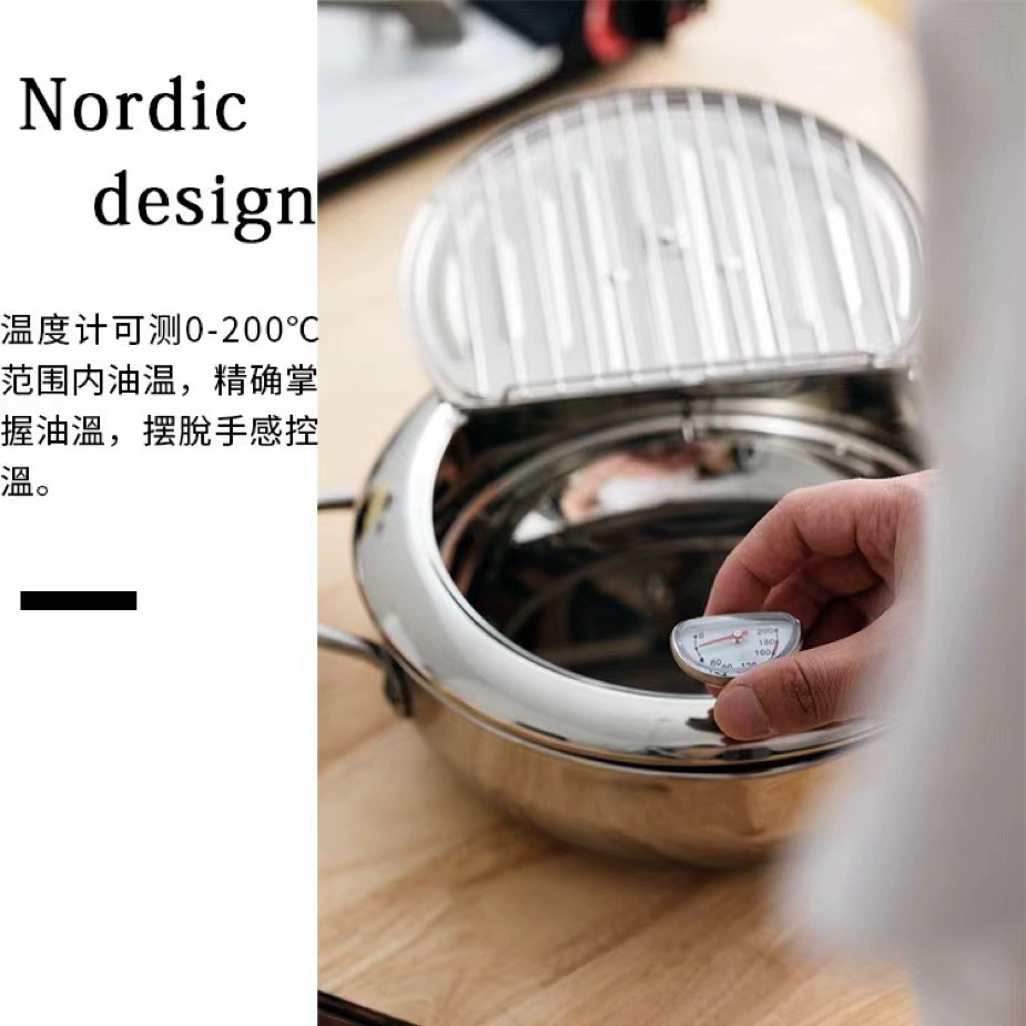 Cross-border 304 stainless steel Japanese-style deep fryer for home use with lid, thermometer temperature control, flip cover oil filter, oil-saving deep fryer