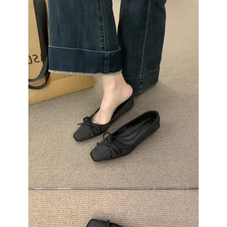初遇季晚晚风蝴蝶结气质绸缎面方头浅口低跟单鞋女配裙子奶奶鞋