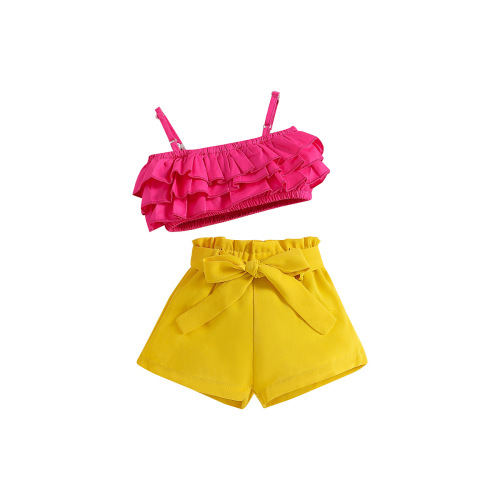 SAMGAMIBBAY Cross-border Kids' Summer Girls' Set Children's Cute Ruffled Strappy Yellow Shorts