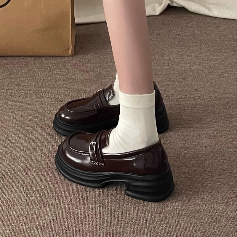 Thick-Soled Small Leather Shoes for Women 2025 Spring and Summer New British Retro Brown Preppy with Skirt Jk Slip-On Loafers