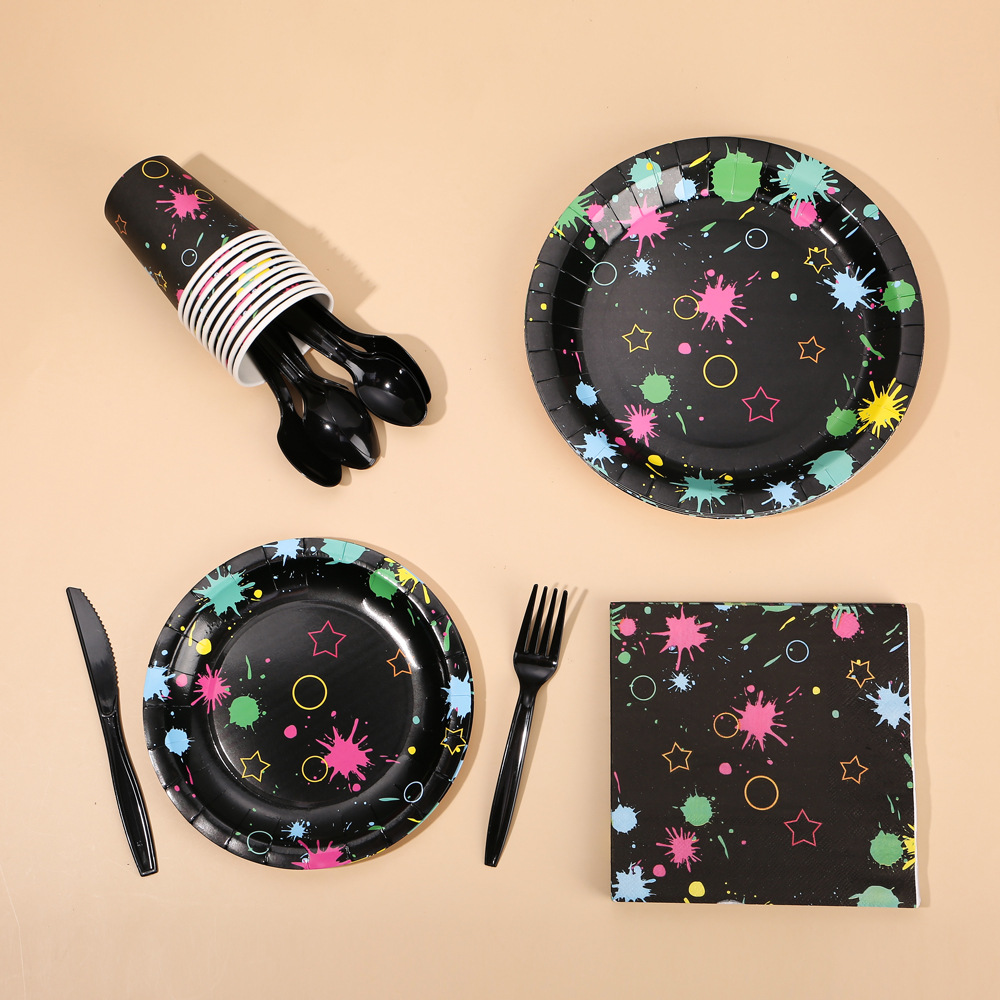 Temas de neón pintados de cumpleaños fluorescentes desechables cubiertos de fiesta tazas de papel toallas de papel bandejas de mesa pintura de color