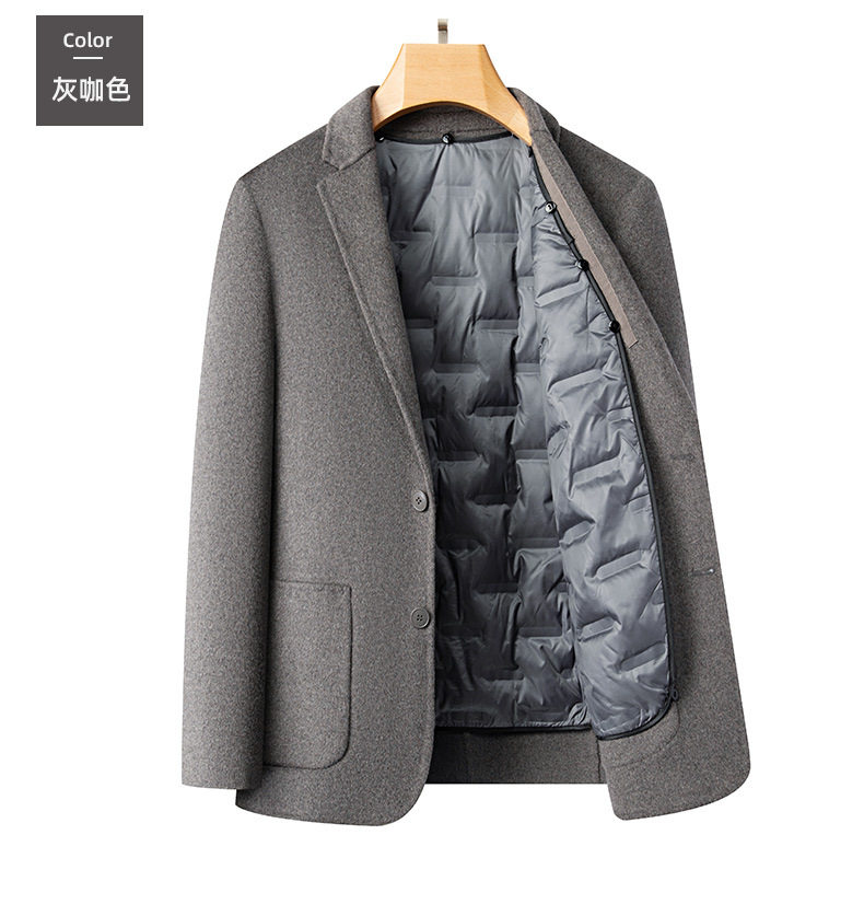 Áo vest nam dạ len hai mặt có lớp lót lông vũ tháo rời, tay dài, cổ vest — Cà phê xám, màu xám đậm, đen chi tiết 16