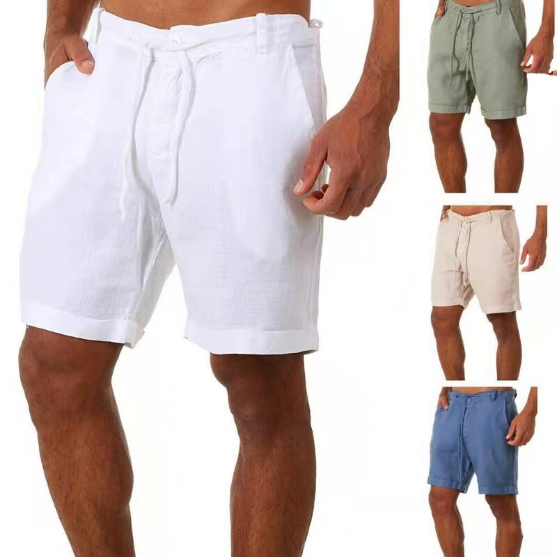 Cross-Border European and American Summer Men's Sports Shorts, Drawstring Lace-Up Casual Loose Straight Cotton and Linen Shorts for Men