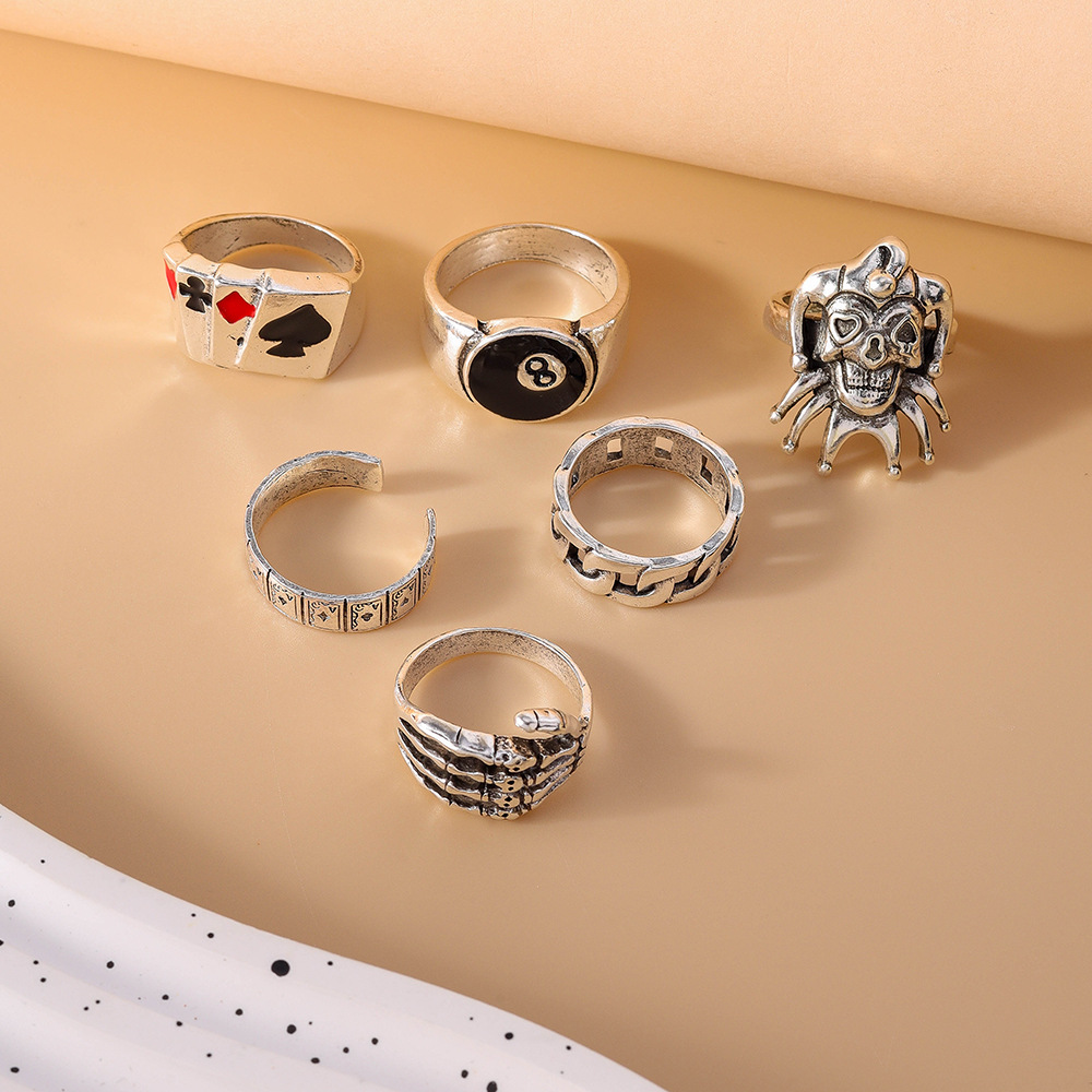 New Cross-border Best-selling Retro Personalized Poker Card Skull Clown Set Hip-hop Black Eight Chain Ring_voghion.com
