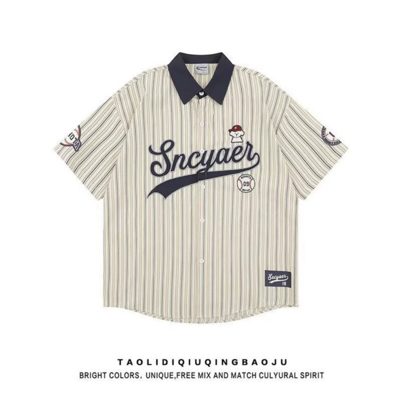Cross-Border New Retro Striped Baseball Shirt for Men and Women, Loose American-Style Trendy Hip-Hop Street Dance Short-Sleeve Top Jacket