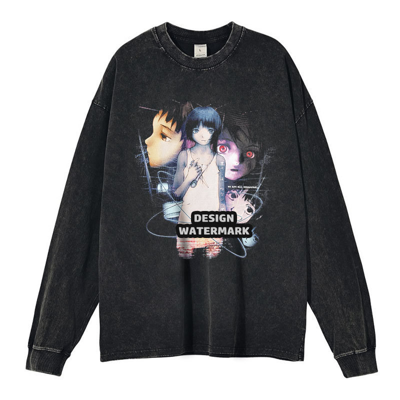American Anime Lain Printed Washed Distressed Long-Sleeved T-Shirt Lingyin Washed Distressed Sweatshirt Loose Trendy Brand American Anime Lain Printed Washed Distressed Long-Sleeved T-Shirt Lingyin Washed Distressed Sweatshirt Loose Trendy Brand