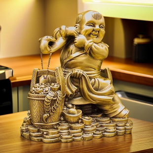 Copper Fortune Child Figurine for Wealth, Wealth-Bringing Child, Auspicious Child for Home Office Cashier Desk Decoration