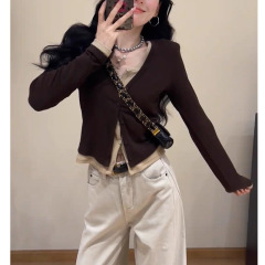 独特漂亮咖色V领假两件打底T恤女初秋超好看短款内搭气质长袖上衣