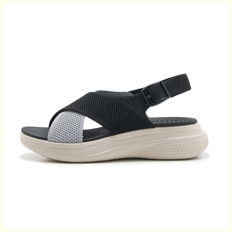 Sandal nữ quai chéo dệt kim phối dây rút, đế MD nhẹ êm — màu be, màu đen, xanh lam, màu hồng chi tiết 21