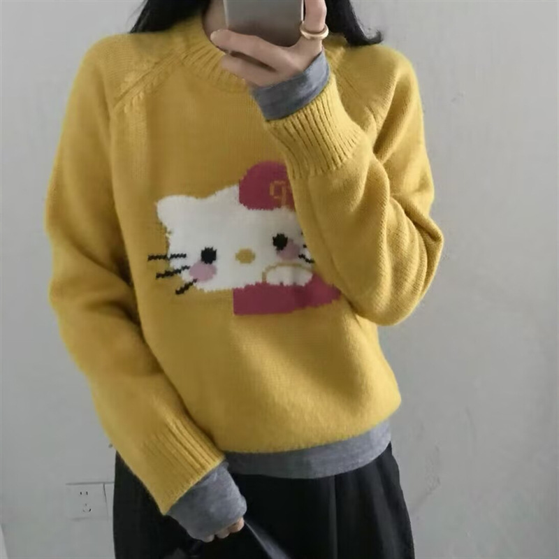 韩版圆领卡通提花套头毛衣女2025秋冬新款宽松甜美针织衫上衣女潮