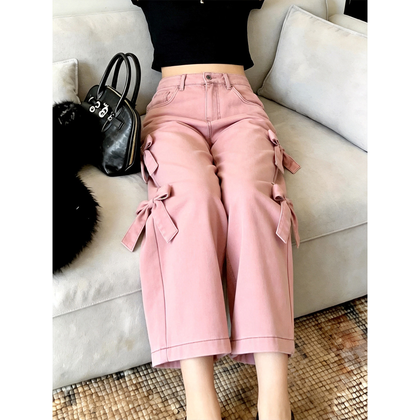 韩系减龄甜美风蝴蝶结拼接粉色牛仔裤小众遮胯水洗磨白直筒阔腿裤