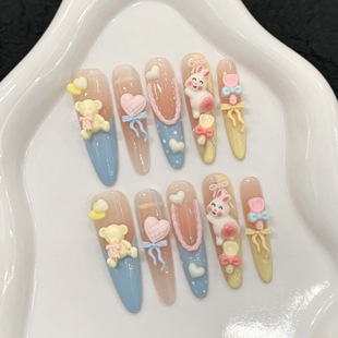 Yihe Original [Little Bear Garden Party] Macaron Cartoon French Cute and Playful Manicure Purely Handmade Wearable Nails