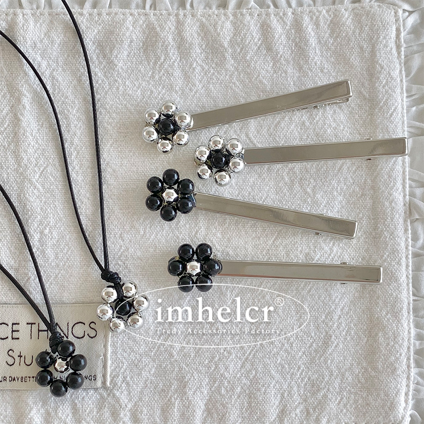 Korean Unisex Silver Beaded Flower Hairpin Necklace Simple High-End Elegant Bangs Clip Duckbill Clip for Women