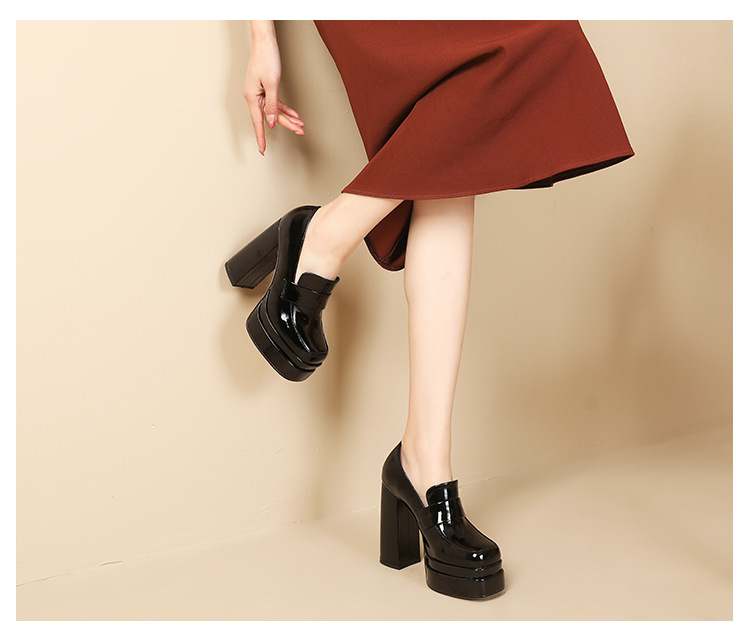 Giày cao gót nữ đế xuồng platform da bò đầu, gót dày 9 cm, mũi tròn bít — màu đen chi tiết 11