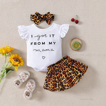 外貿跨境新款女童夏裝可愛飛袖套裝女嬰字母印花連體衣+豹紋褲裙