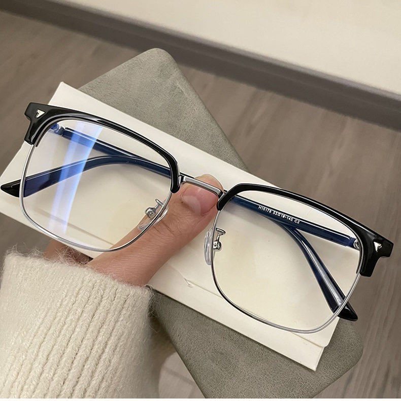 Retro medio marco gafas de tecnología hombre marco negro estudiantes de literatura y arte miopia simple gafas de luz plana anti-luz azul marco de gafas image 12