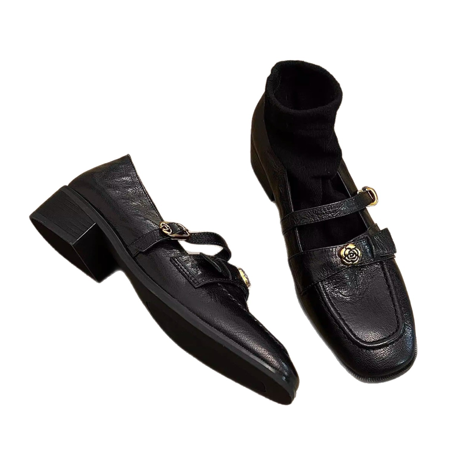 Scarpe basse in pelle stile francese retrò con un solo cinturino, modello Mary Jane Camellia, piccole, in pelle stile britannico._voghion.com