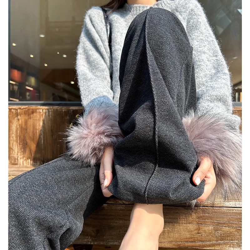 Pantalones de piernas anchas con patrón de herringe para mujeres otoño y invierno 2024 nuevos pantalones de lana de cintura alta, pantalones recto delgados casuales