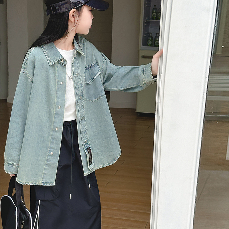 소녀 가을 데님 셔츠 세트 2024 새로운 소녀 유행 세련된 티셔츠 어린이 봄과 가을 치마