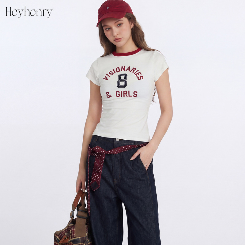 Heyhenry American-Style Tight-Fitting Spicy Girl Short-Sleeve T-Shirt for Women, Summer Sports Jersey, Slim-Fit, Color-Blocking, Regular Shoulder Top Heyhenry American-Style Tight-Fitting Spicy Girl Short-Sleeve T-Shirt for Women, Summer Sports Jersey, Slim-Fit, Color-Blocking, Regular Shoulder Top
