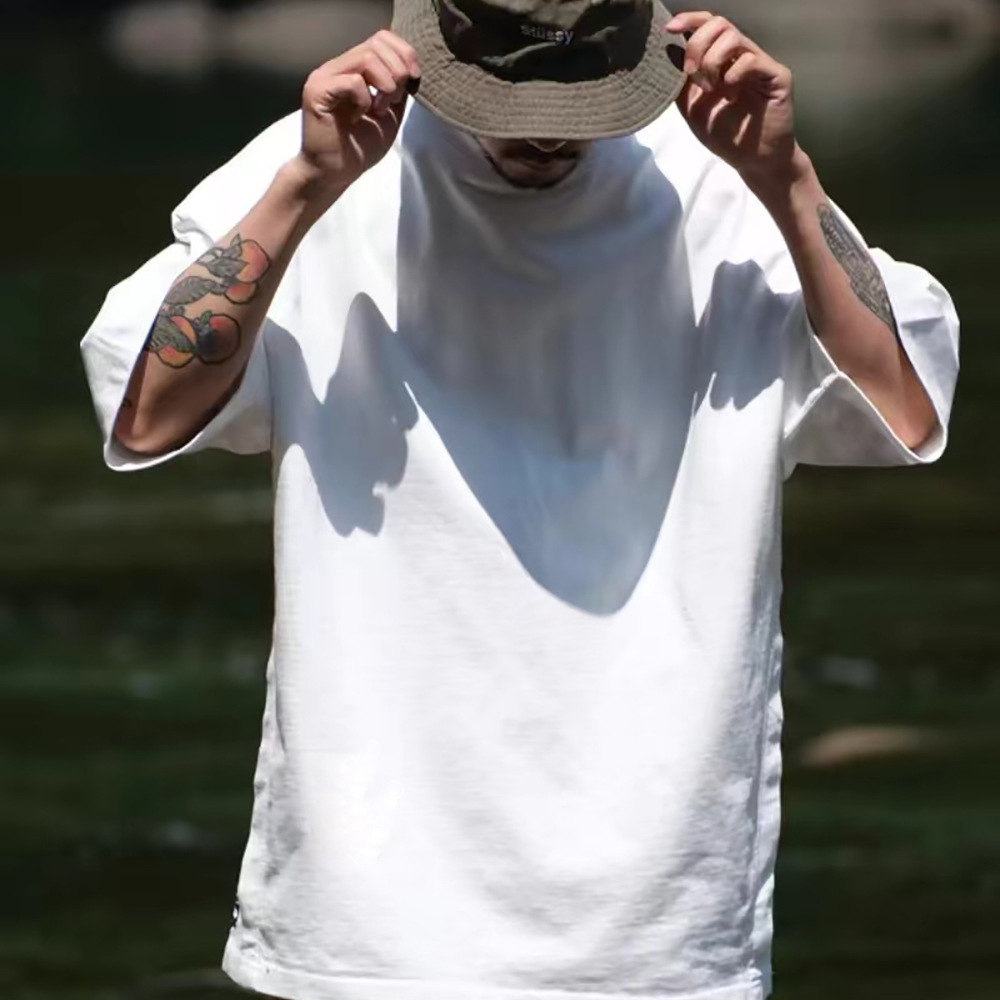 330g pesado hombro americano camiseta de manga corta de hombre luz cuello pequeño cuello redondo algodón suelto hip-hop chaqueta de moda