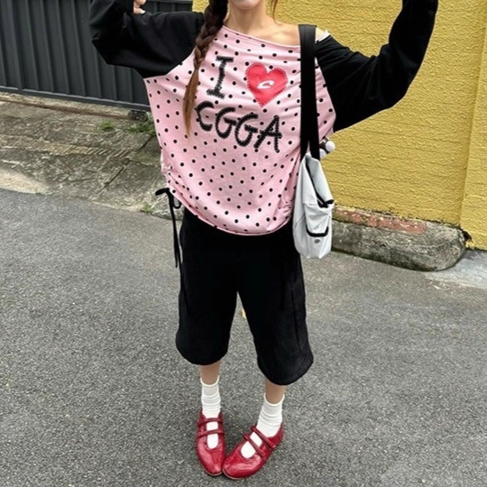 美式爱心波点撞色拼接插肩袖长袖斜肩T恤女早秋辣妹宽松斜领上衣|undefined