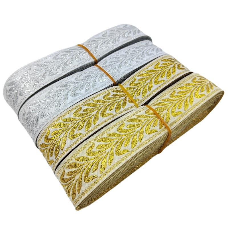 En stock ropa al por mayor textil hogar cortina TRIM 2,5 cm estilo étnico Ordenador de encaje oro y plata seda hoja sauce jacquard cinturón