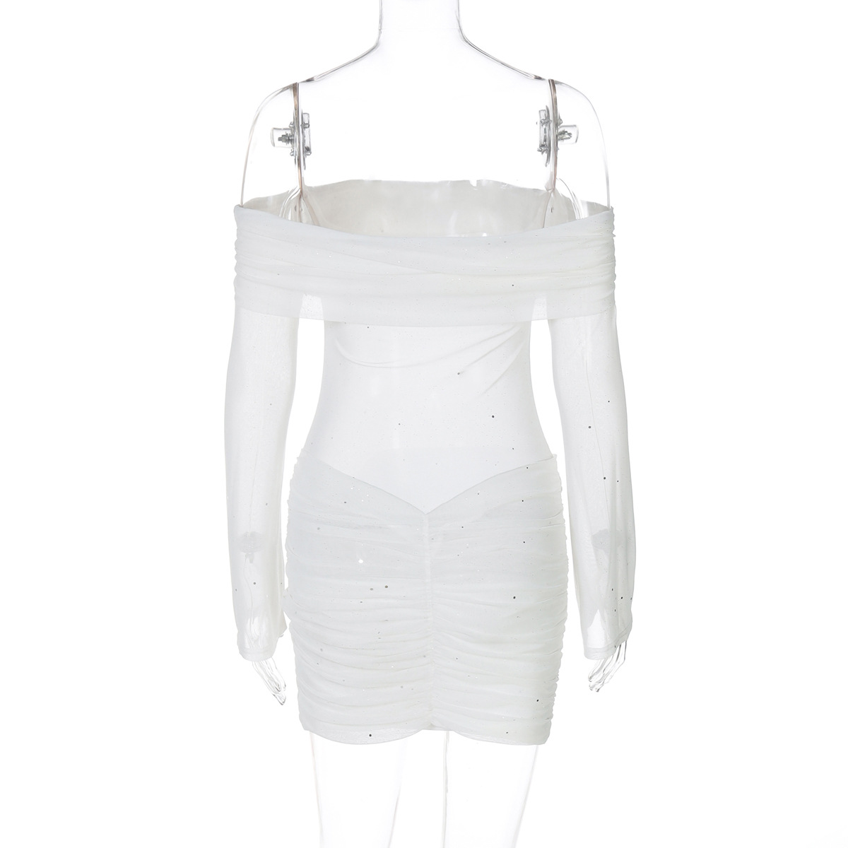 Women Clothing Spring Summer Mesh See through Tube Top off Collar Sexy Skinny Hip Dress