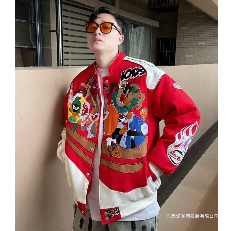 Embroidered Motorcycle Jacket for Men and Women, Loose Trendy Brand Padded Hip-Hop Baseball Jacket, Couple's Outfit, Loose Fit Embroidered Motorcycle Jacket for Men and Women, Loose Trendy Brand Padded Hip-Hop Baseball Jacket, Couple's Outfit, Loose Fit