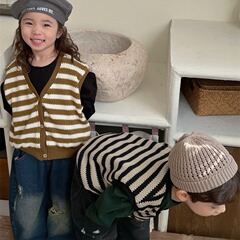 佳葉童品2024新款春裝兒童條紋針織馬甲背心男女寶寶森系簡約外套