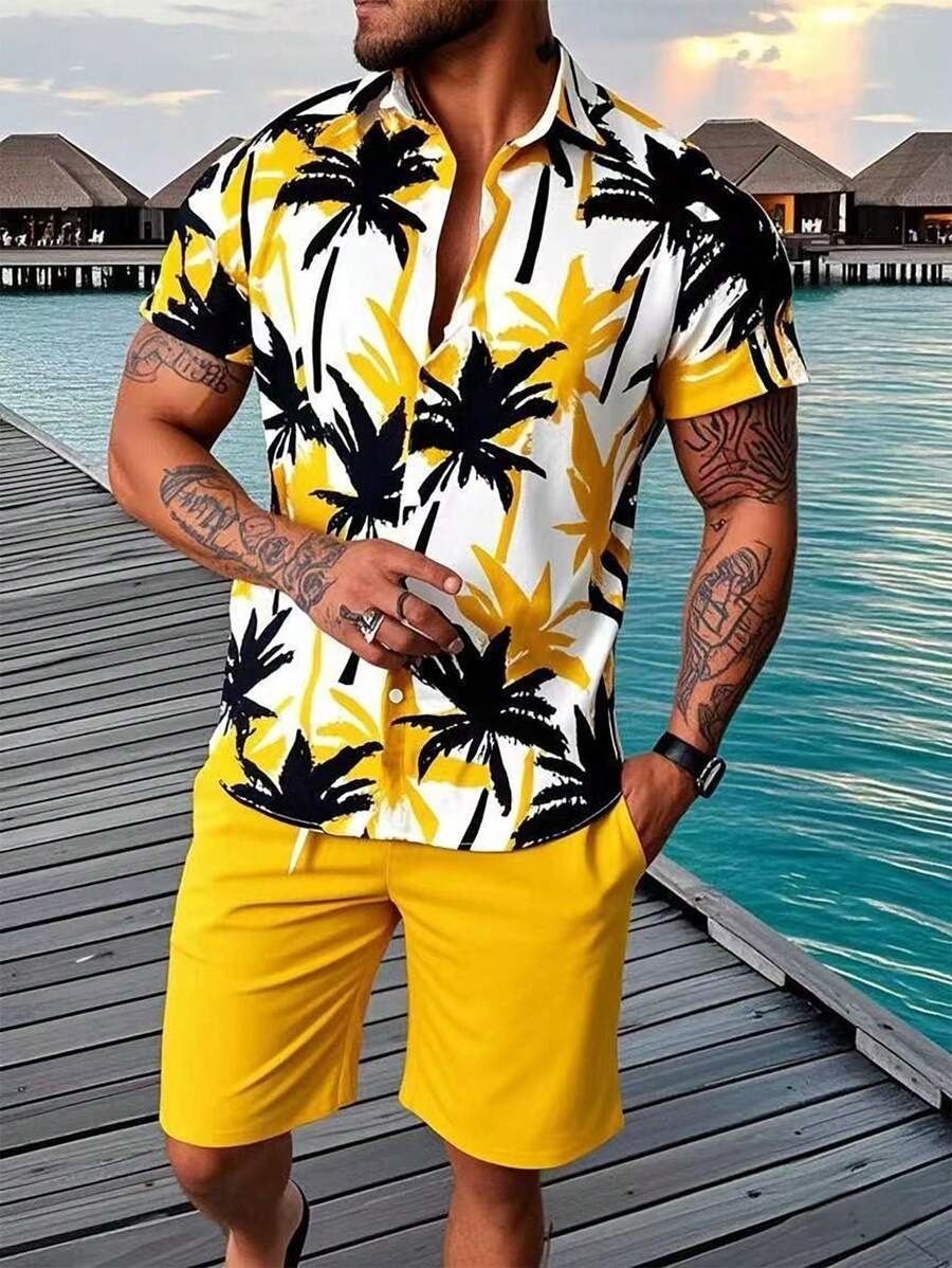 Men's Summer Beach Shorts Set With 3D Digital Print Black White Contrast Vacation Style Casual Short Sleeve_viptrois.com