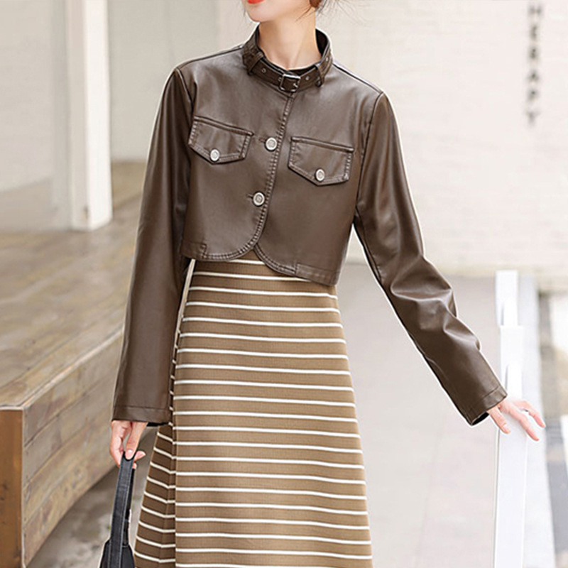 New Stand Collar Leather Jacket for Women, Autumn 2025 New Striped Dress Set, Buttoned Loose Hot Girl Jacket