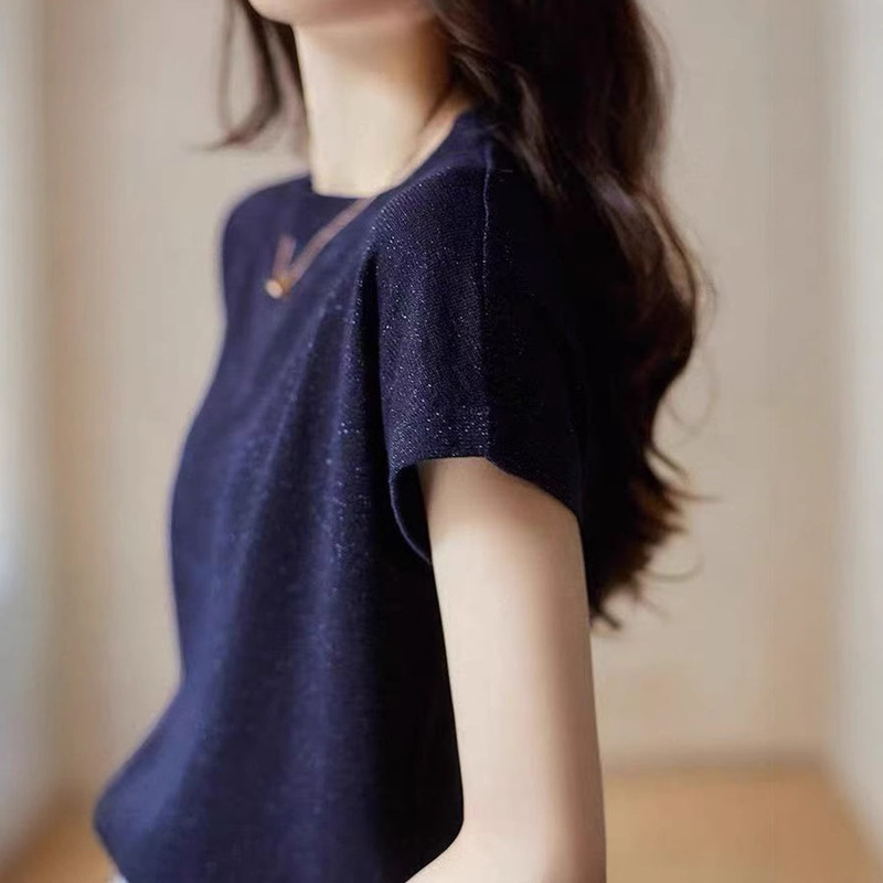 Cross-Border 2025 Summer Solid Color Short-Sleeve Round-Neck Ice Silk Knit T-Shirt for Women, Shiny and Elegant, Sweet and Unique, Slim Fit