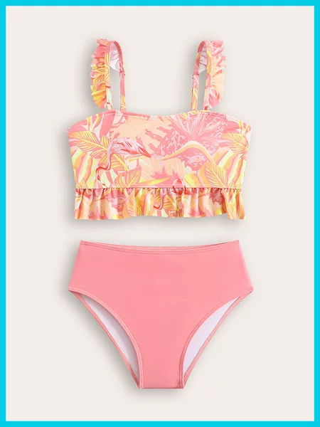 Pink Printed Two-Piece Swimsuit for Older Children Wholesale Cross-Border Foreign Trade Huludao Swimwear for Girls