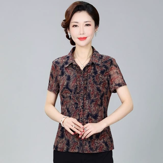 竹语声2024新款妈妈夏装上衣小衫中长款中年女装短袖开衫OL通勤装