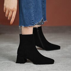 短靴女2025春秋新款粗跟靴尖头高跟鞋中跟短靴绒面女靴子百搭靴子
