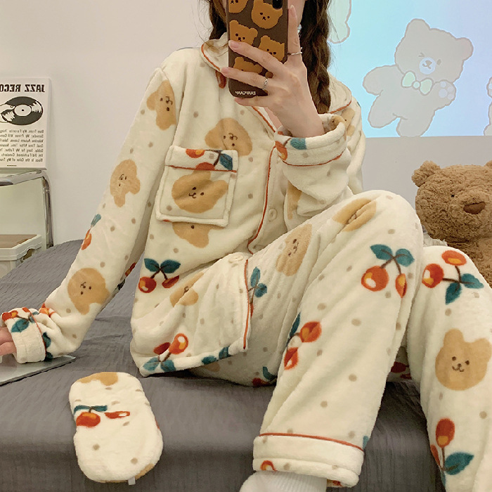 Internet celebridad pijamas de dibujos animados Las Mujeres franela solapa cardigan manga larga Otoño e Invierno máscara engrosada caliente desgaste del hogar traje