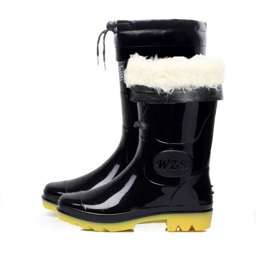 VLEN 冬季防滑耐磨加棉保暖雨靴雨鞋耐酸碱牛筋水靴加长毛棉