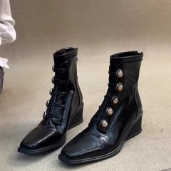 手工靴子~5.5cm中跟法式复古拼接方头弹力瘦瘦靴女秋冬季坡跟短靴