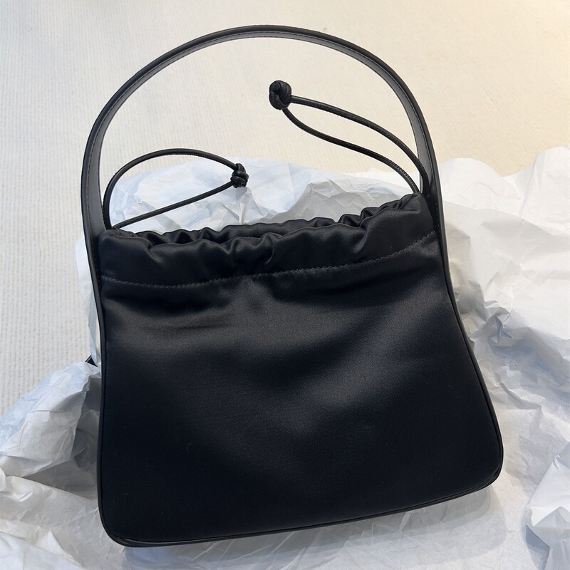 Silk satin drawstring bag, AW brand silk and leather handbag, Alexander Ryan satin shoulder underarm women's bag Silk satin drawstring bag, AW brand silk and leather handbag, Alexander Ryan satin shoulder underarm women's bag